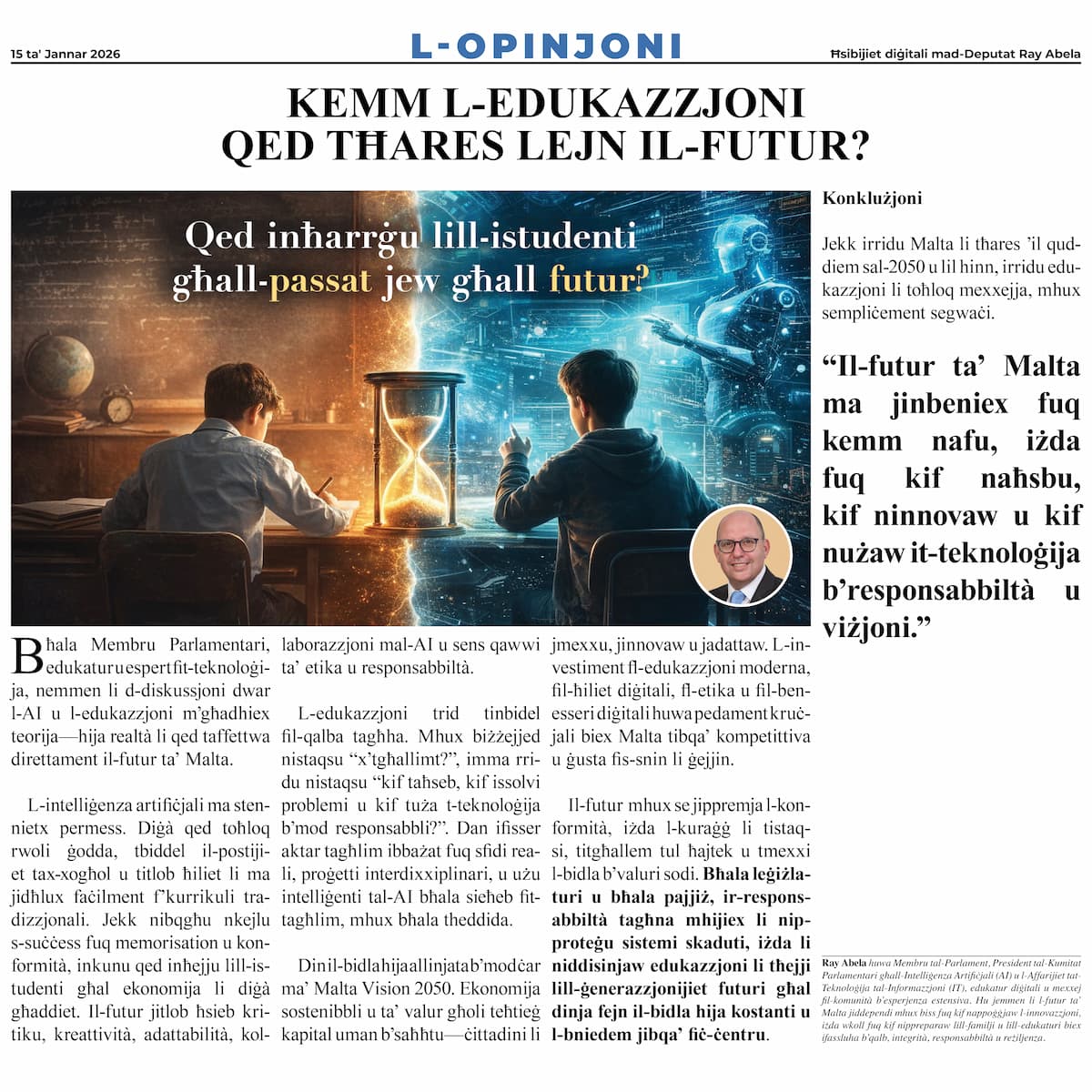 Ray Abela — article excerpt, L-Opinjoni, January 15, 2026